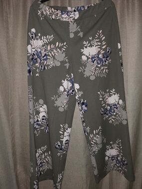 Cato Olive Green Wide Leg Pants with Blue & Cream Floral Print